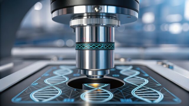 High-tech microscope examining DNA strands on a digital platform, showcasing advanced scientific research and biotechnology.