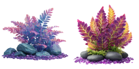 Luxury artificial aquarium plants with vivid purple, pink, and yellow foliage, premium aquatic decor with gemstone-inspired stones for  online aquarium decor stores and high-end fish tank styling