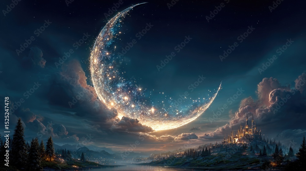 Poster blue crescent moon with star cluster shining through its curve, creating natural cosmic frame for di