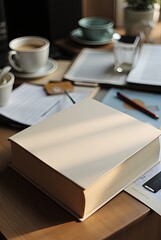 Cozy workspace with thick book, coffee, documents, and sunlight at home office desk