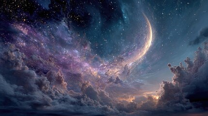 Fototapeta premium A delicate silver crescent moon surrounded by countless twinkling stars in a deep indigo sky, wisps of cosmic dust adding ethereal glow