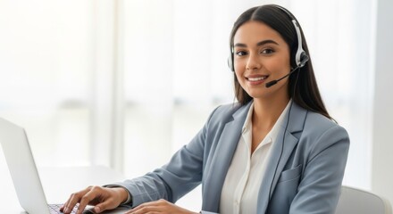 Friendly professional woman with headset providing customer support in office environment