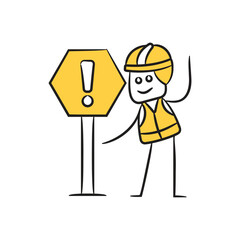 doodle engineer and warning signpost character