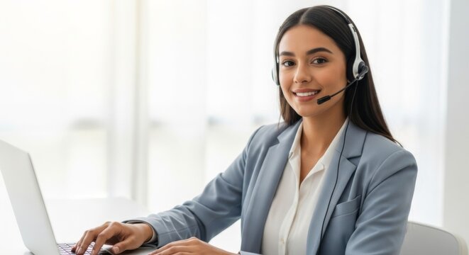 Friendly professional woman with headset providing customer support in office environment