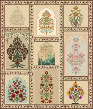 Traditional Mughal Wall Mural, Mughal Border, Mughal Flower, Wall Mural.