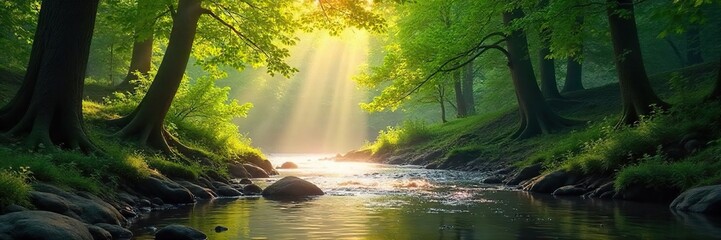 Serene nature scene perfect for meditation; sun-dappled forest, flowing river, tranquil atmosphere, peaceful, calming, restorative , trees, mindfulness, spiritual