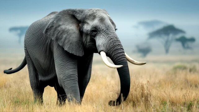 Elephant moving calmly across tall dry grass
