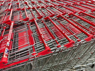 A row of shopping carts is neatly lined up in a straight row