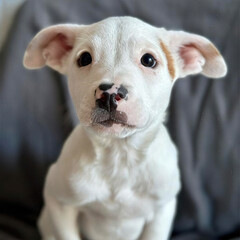 White Puppy with Dark Nose Marking Sitting Upright