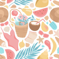 Cute adorable seamless pattern (3 options: transparent, white, dark background) with things for Happy vacation: swimsuit, hat, sunglasses, shells, book, fruits, ice-cream. Summer mood  in soft colors.