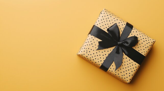 Polka Dot Wrapped Gift with Black Ribbon on Orange Background for Holiday Celebrations