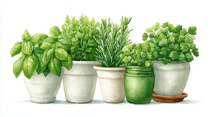 Fototapeta premium Indoor culinary herb garden setup with parsley basil and rosemary, vibrant herb collection for cooking and kitchen decoration, fresh potted herb concept in watercolor soft tone