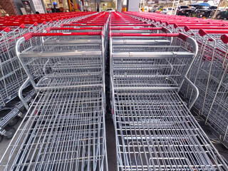 A row of shopping carts is neatly lined up in a straight row