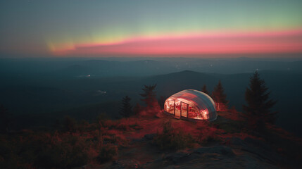 Obraz premium A glowing tent beneath the northern lights in a tranquil mountain setting, capturing nature's serene beauty under the night sky.