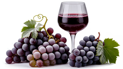 A high-quality product photography shot of frozen purple grapes and a wine glass against a pure white background