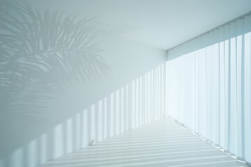 Fototapeta premium Serene Minimalist Interior Sunlight Filtering Through Vertical Blinds, Casting Palm Leaf Shadows on a White Wall