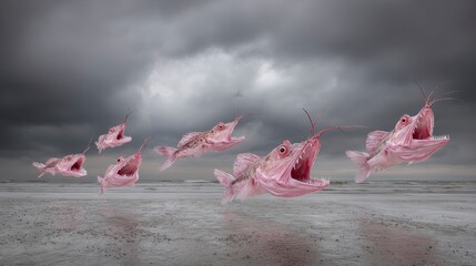 Surreal Scene of Pink Fish Swimming through a Stormy Seascape under Dramatic Cloudy Sky