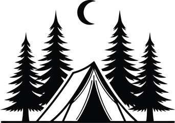 Obraz premium Camping tent in forest at night with crescent moon