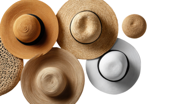 Sun-Kissed Straw Hats: A collection of stylish straw hats, perfectly poised to protect and accessorize under the sun's warm embrace, evoking a sense of carefree summer days.