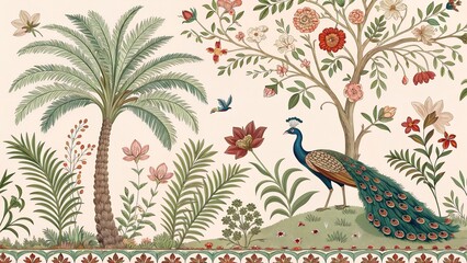 Beautiful Arch Chinoiseries peacock, Parrot, Birds Palace garden royal Wallpaper. moroccan decorative garden with river, floral swing and mountain used for wallpaper vector file.