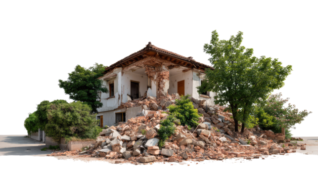 Ruined Structure's Demise: A crumbling structure of a house with broken brick, showcasing the devastating aftermath of destruction with a surreal aesthetic, with greenery and nature's resilience.