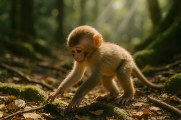 Obraz premium Adorable baby monkey exploring the forest floor in beautiful sunlight.