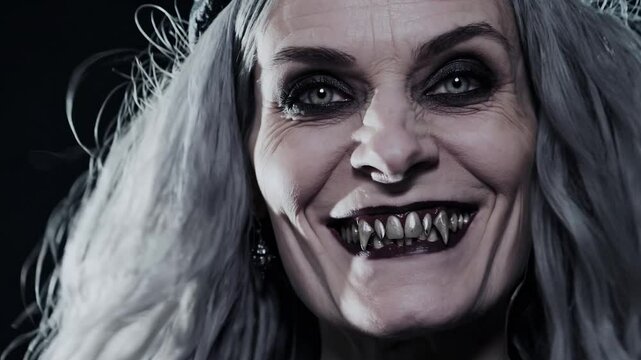 Scary witch showing her rotten teeth