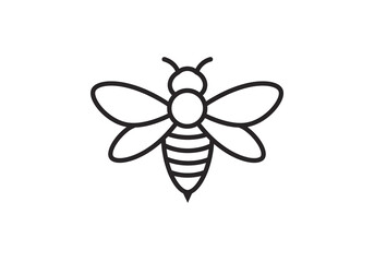 A simple black and white line drawing of a bee with wings and striped abdomen on a white background