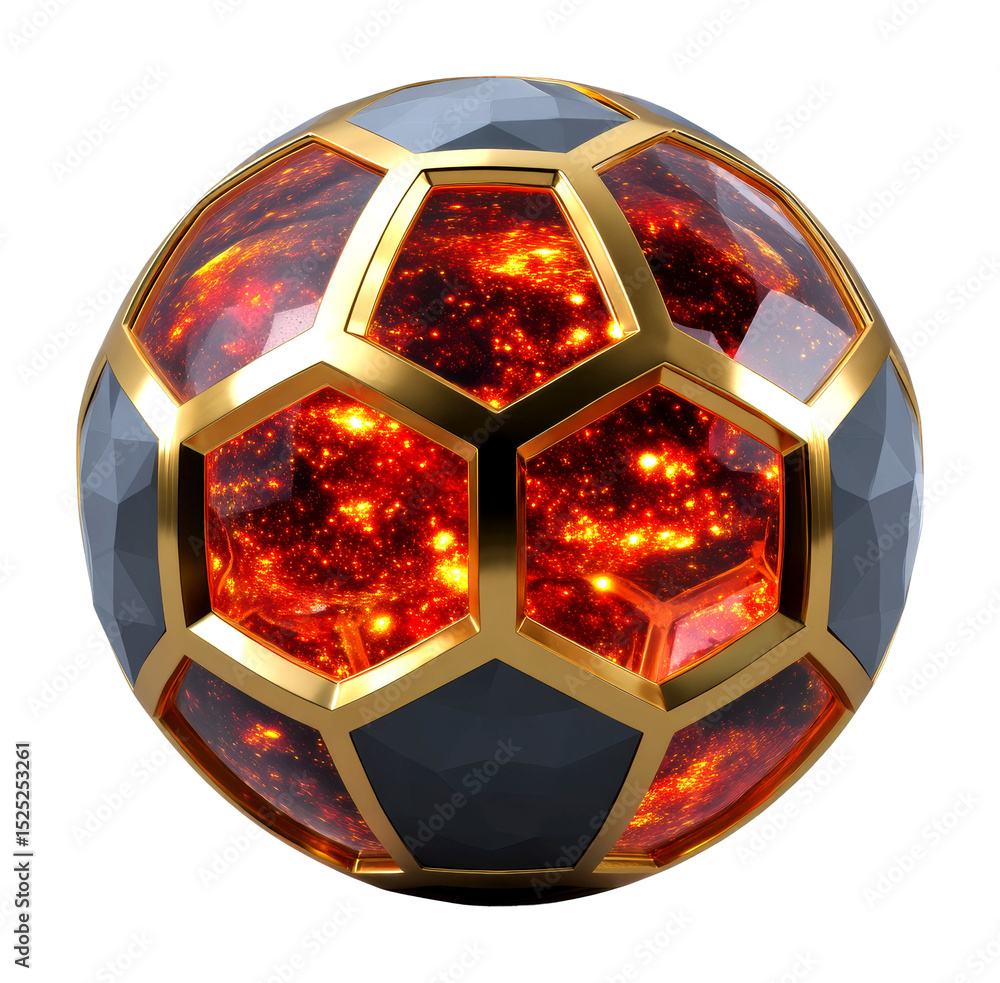 Poster dynamic action of a fiery soccer ball in a creative environment abstract perspective isolated on tra