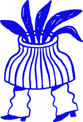 Blue linear hand-drawn plant pot cartoon character. Simple vector doodle line art.