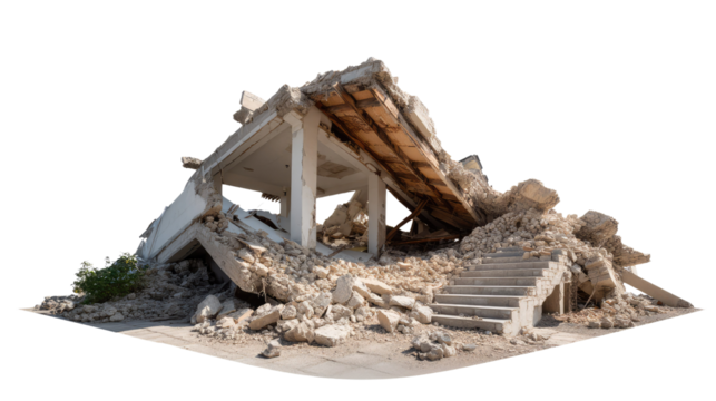 Collapsed Building: The remnants of a collapsed building, showing concrete slabs, broken stairs, and scattered rubble, against a white background.