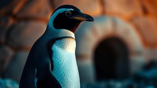 Close up of a black and white penguin with orange beak and blurred igloo background