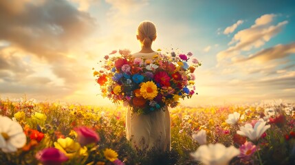 A person holding a bouquet of colorful flowers with a peaceful smile standing in a sunlit field