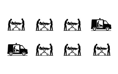 Emergency Paramedic stretcher service icons silhouette