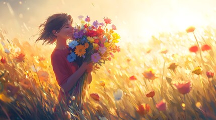 A person holding a bouquet of colorful flowers with a peaceful smile standing in a sunlit field
