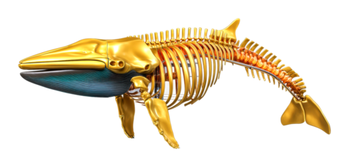 Golden whaleskeleton model creative showcase art exhibit museum 3d visualization isolated on transparent background