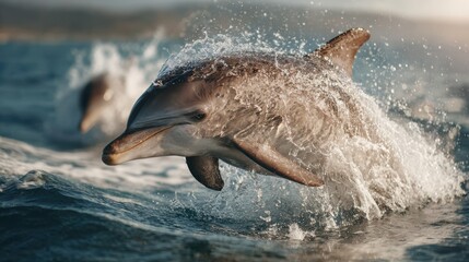 Fototapeta premium A playful dolphin leaping out of the sea, water droplets sparkling in the sunlight, capturing marine life energy