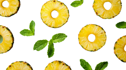 Sliced pineapple rings with mint leaves arranged in circle, vibrant colors png 
