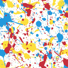 Square vector pattern with energetic paint splatters in primary colors. Abstract red, yellow, and blue ink splashes create a fun, artistic background, perfect for kids' designs.