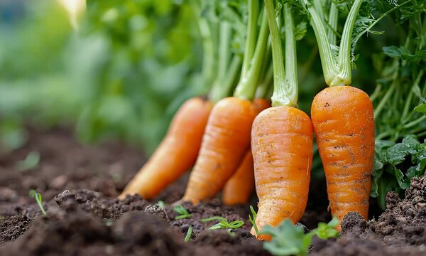 Vibrant Orange Carrots Growing in Dark Soil with Fresh Green Tops in Outdoor Garden
