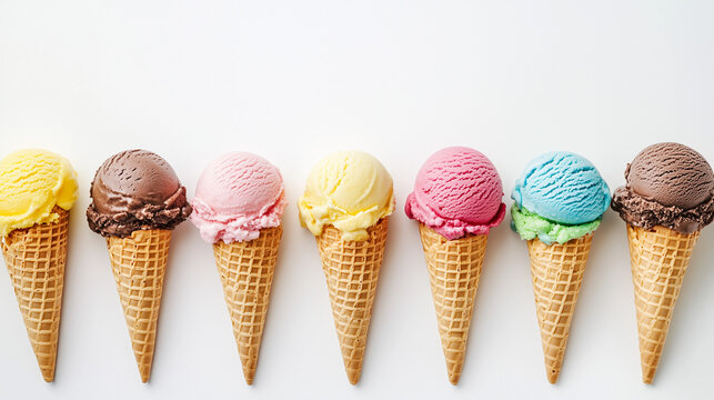 A vibrant line-up of six ice cream cones with different colorful scoops (blue, yellow, pink, brown, green, red) are arranged along the bottom edge of a clean white background. This image is perfect f