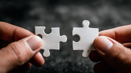Two hands are holding two perfectly fitting white puzzle pieces, almost touching, against a dark grey background. The image powerfully symbolizes connection, partnership, and the final step in proble