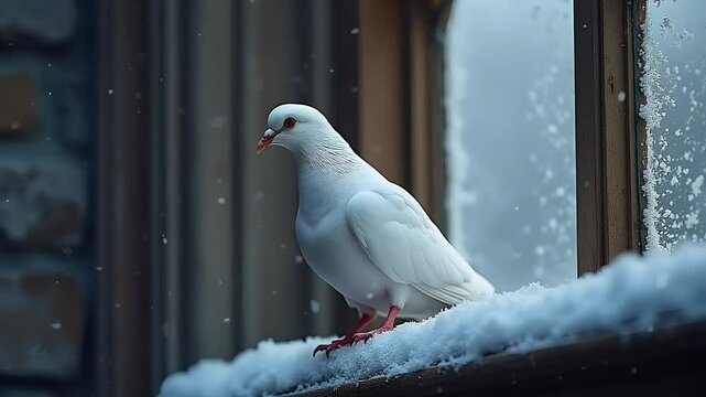 White dove perched on snow-covered window, soft light, bricks and wooden window frames