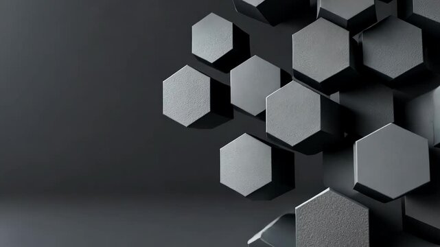A close-up of interconnected black hexagonal shapes creating a modern geometric pattern against a dark background.
