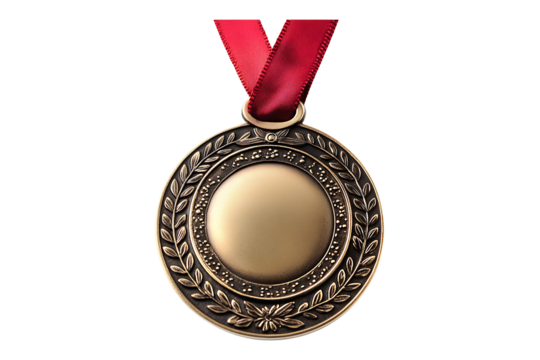 Golden medal with red ribbon isolated on transparent background