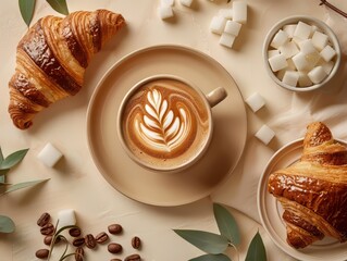Croissants and coffee with sugar cubes