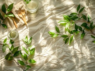 Natural light kitchen scene with leaves and jars
