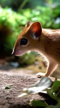 Adorable Lesser Mouse-Deer investigates the forest floor, surrounded by green foliage and natural textures.