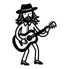hand drawn hippie man playing guitar cartoon illustration.