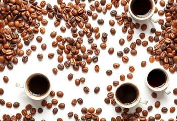 Obraz premium Seamless grunge pattern of coffee beans and cups on white background, weathered, rustic